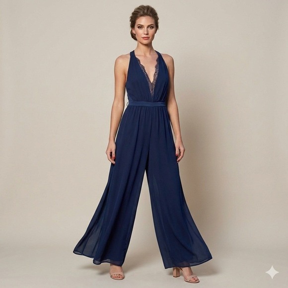 BCBGeneration Pants - BCBGeneration Navy Blue Halter Wide Leg‎ Jumpsuit V-Neck Lace Trim 12 Minimalist